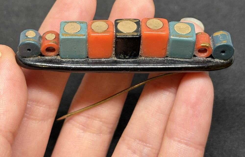 Vintage Black Bakelite Multicolor Painted Copper Bar Pin Brooch 2.5”